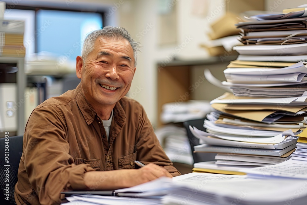 Poster a man is sitting at a desk with a pile of papers in front of him. he is smiling and he is happy