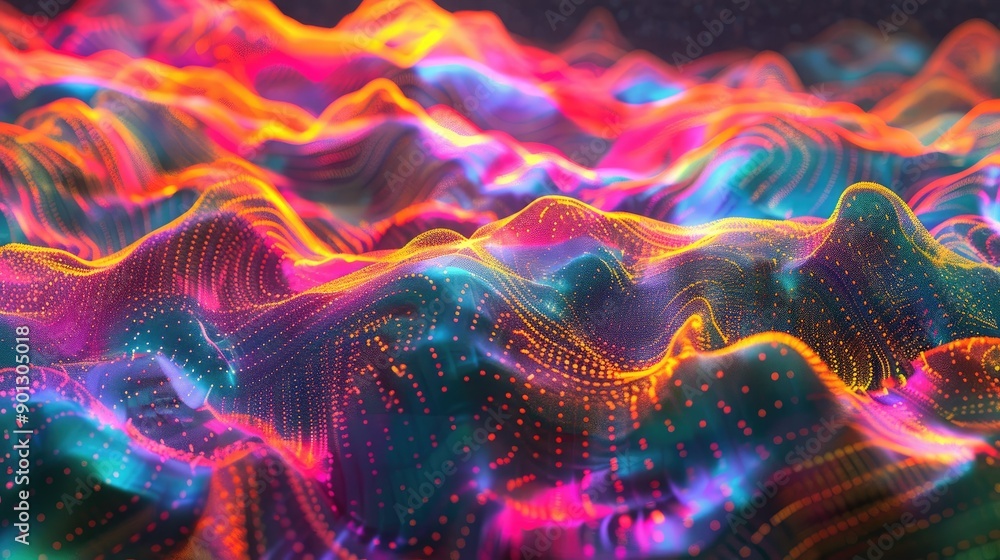 Aufkleber gradient hologram with dynamic wave of particles, abstract digital technology background, colorful a