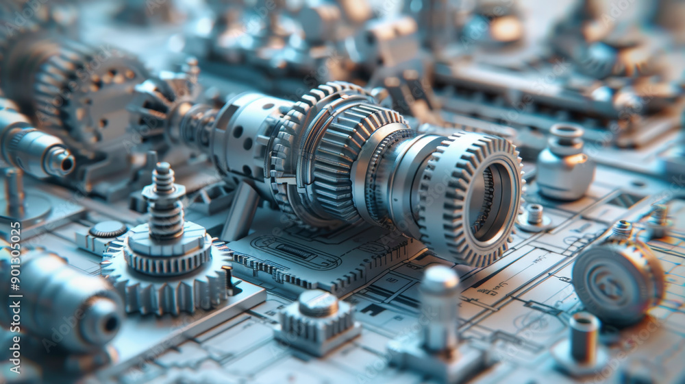 Poster intricate close-up of various mechanical gears and components arranged on a circuit board, emphasizi