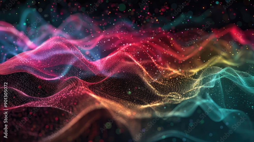 Poster gradient hologram with dynamic wave of particles, abstract digital technology background, colorful a