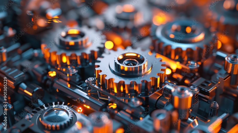 Poster close-up of intricate mechanical gears in motion, glowing with orange light, showcasing industrial p