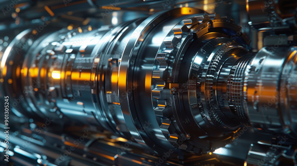 Poster a close-up view of intricate, futuristic metallic machinery with multiple gears and components bathe