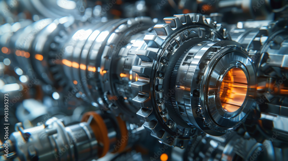 Poster close-up of complex, futuristic machinery with intricate gears and metallic components, emitting a g