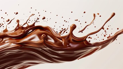 Indulgent liquid chocolate splash, rich and creamy long wave, isolated 3D vector brown jet with droplets mid-air, realistic and enticing.