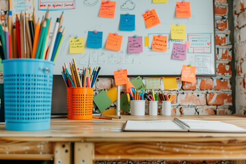 A well-lit workspace features a wooden desk surrounded by colorful stationery and various containers filled with pens and pencils. Bright sticky notes adorn the wall