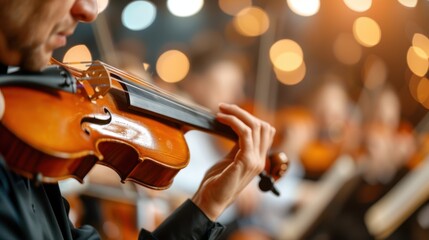 A musician is captured with focus and passion while playing the violin during a live performance on stage, with bright lights adding a dramatic effect to the scene.