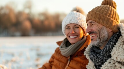 Fototapeta premium A joyful couple laughs together while admiring a snowy landscape at sunset, wrapped up in warm winter clothing, capturing the golden light and the beauty of the winter scenery.