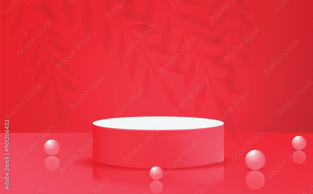 Aufkleber abstract red gradient color product podium mockup design with leaf shadow. 3d red product background