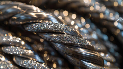 Close-up of intricately twisted metal cables, highlighting the detailed intertwining patterns and glimmering lights reflecting off the surface.