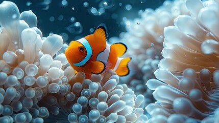 clownfish in an ocean setting, closeup view of the fish swimming