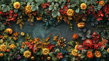 Fototapeta premium Autumnal Floral Border with Greenery and Apples