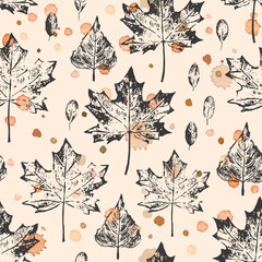 Autumn vector watercolor abstract seamless pattern with with maple leaves in brown colors. Grunge leaves background with drops. Textile print, page fill, wrapping paper, web, fabric