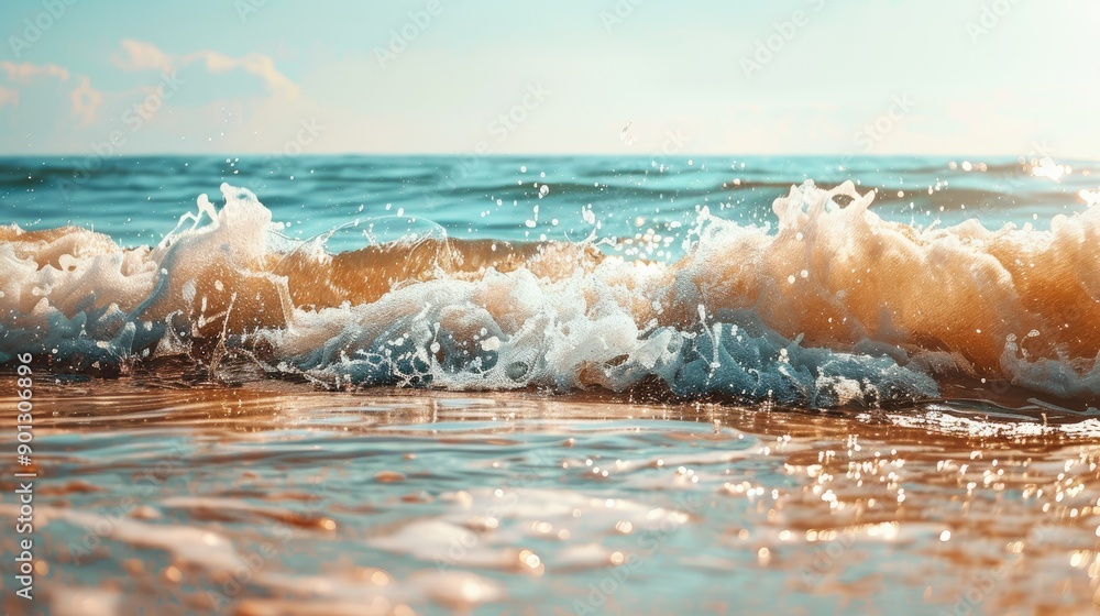 Poster ocean water in motion with foamy waves and splashes, creating a dynamic background of a not calm sea