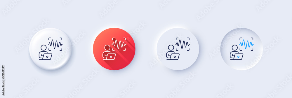 Poster voice wave line icon. neumorphic, red gradient, 3d pin buttons. sound scan sign. audio verification 