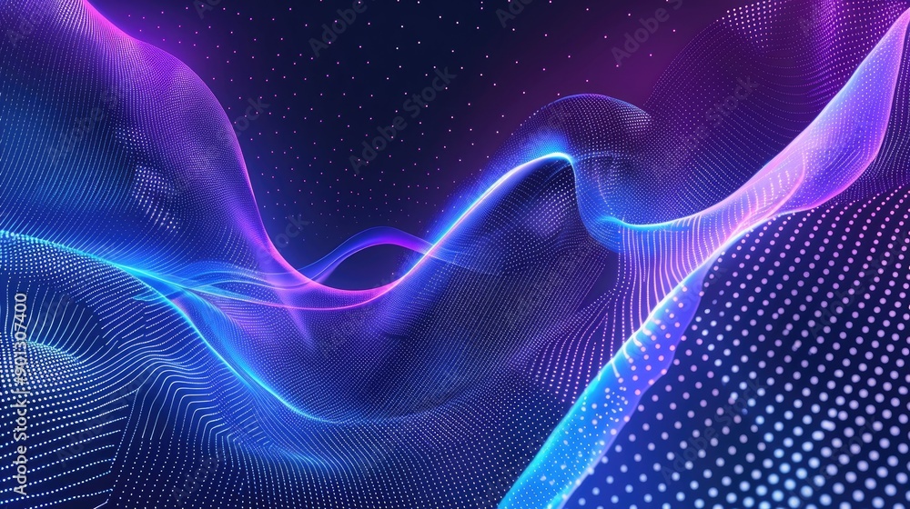 Poster purple and blue abstract background with a swirling pattern and a purple line of dots, vibrant and d