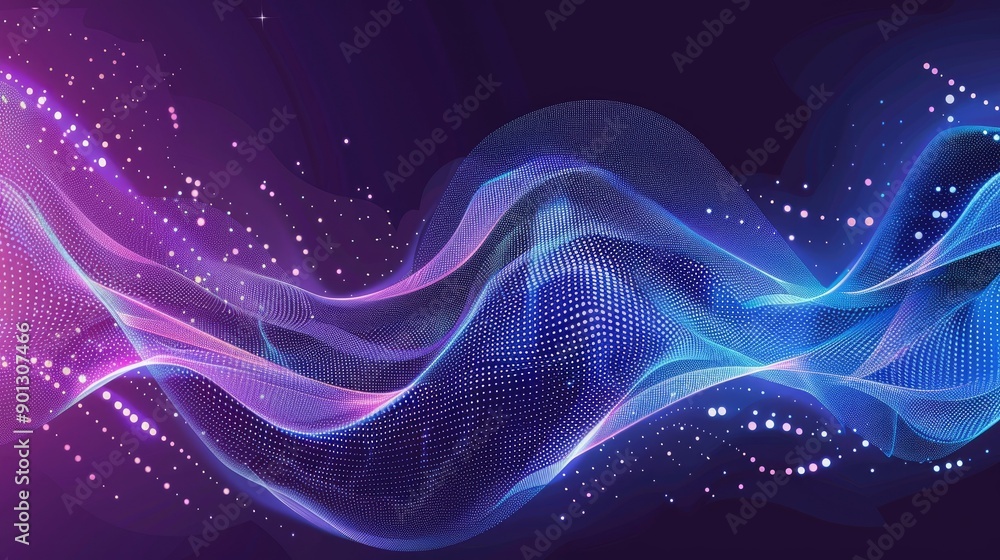 Poster purple and blue abstract background with a swirling pattern and a purple line of dots, vibrant and d