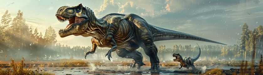 A majestic Tyrannosaurus rex and its young companion roam through a prehistoric landscape, surrounded by lush vegetation and tranquil waters.