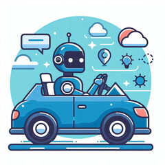 Naklejka premium Robot drives car. Concept of controlling vehicle with artificial intelligence