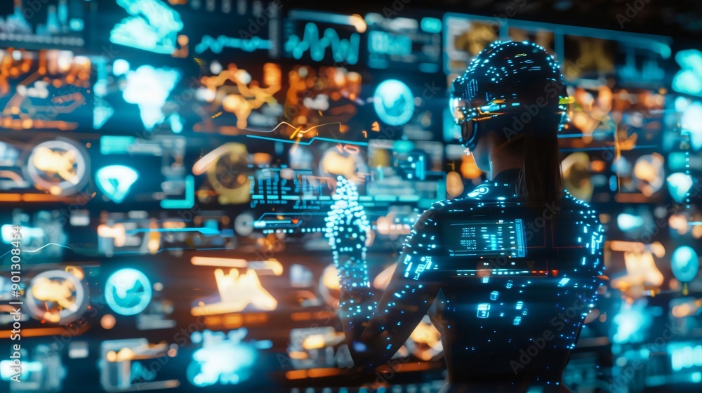 Poster a futuristic scene showcasing a person interacting with a high-tech interface, surrounded by glowing