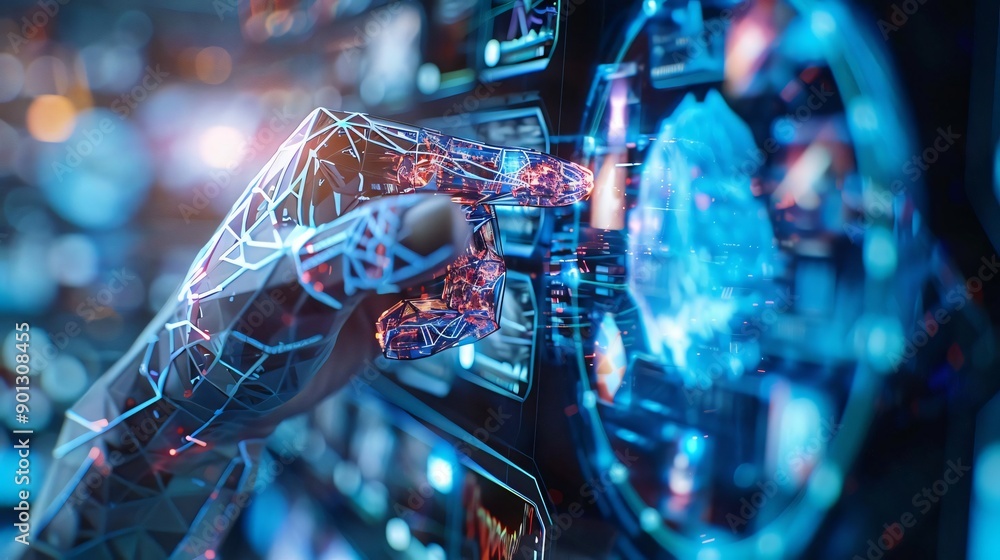 Poster a futuristic hand interacts with a glowing digital interface, signifying advanced technology and inn