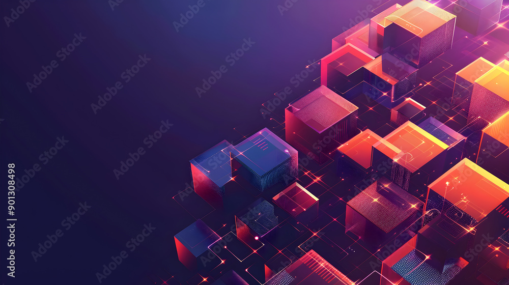 Poster abstract geometric background with isometric digital blocks. blockchain concept and modern technolog