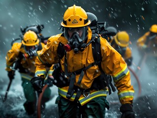 Fototapeta premium Dramatic portrait of firefighters working tirelessly during a natural disaster, embodying their unwavering commitment to protecting lives