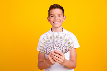 Photo of good mood school boy wear white t-shirt rising money fan emtpy space isolated yellow color background