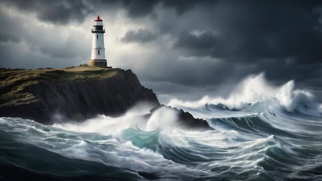 A lighthouse on a rocky cliff and a stormy ocean with crashing waves