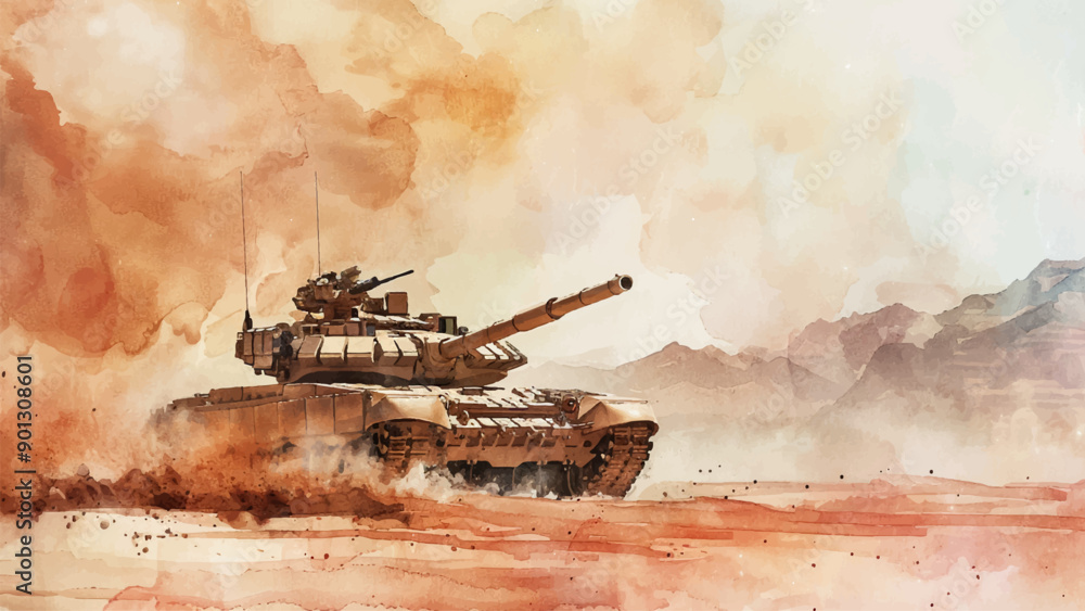 Wall mural tank driving across desert watercolor illustration background military vehicle army armored vehicle 