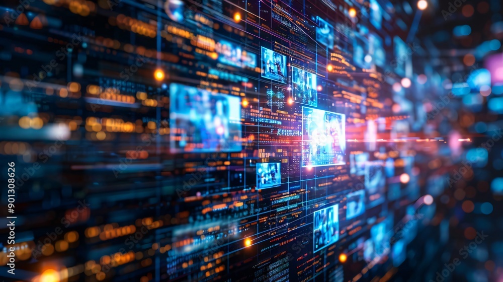 Poster dynamic digital network with vibrant visuals and glowing lines, showcasing technology's influence on