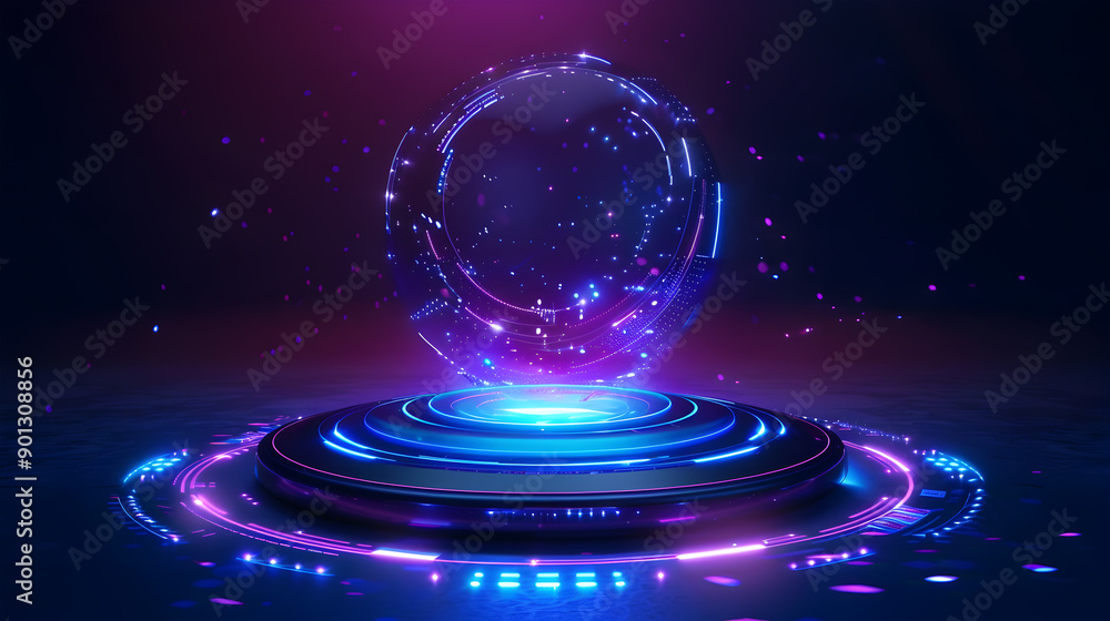 Wall mural abstract high tech futuristic technology data transfer design with magic circle teleport podium with