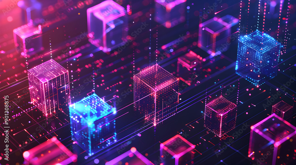 Poster abstract geometric background with isometric digital blocks. blockchain concept and modern technolog