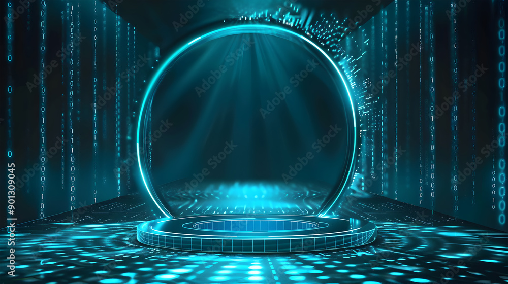 Poster abstract high tech futuristic technology data transfer design with magic circle teleport podium with