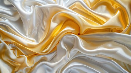 Fototapeta premium Soft waves of luxurious yellow gold satin and white silver fabric, abstract silk cloth with shiny patterns, beautiful texture.
