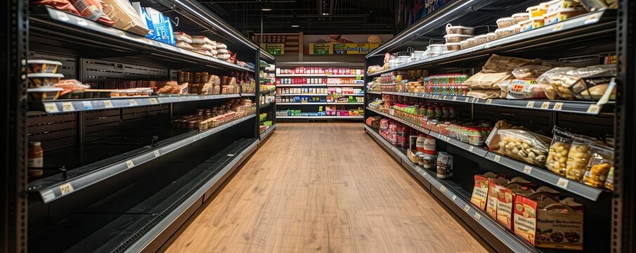 Empty Shelves Barren supermarket shelves, emphasizing the lack of essential food items