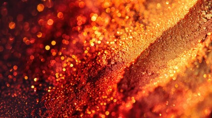 Sparkling metallic pigment dust in closeup, with bright orange and red hues, capturing the essence of shimmer and shine.
