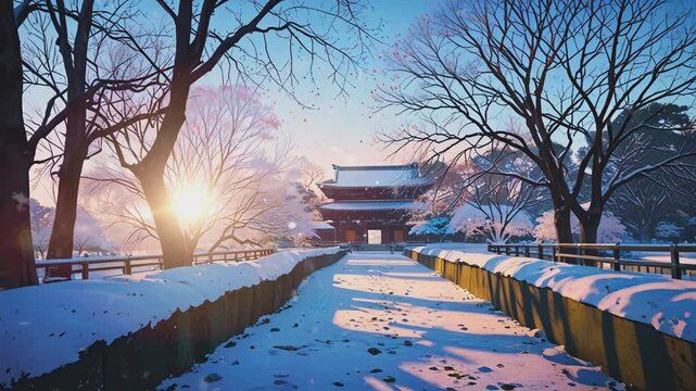 A snowy path leads to a large, traditional Japanese gate with a sunrise in the background. The trees are bare, and the snow covers the ground.