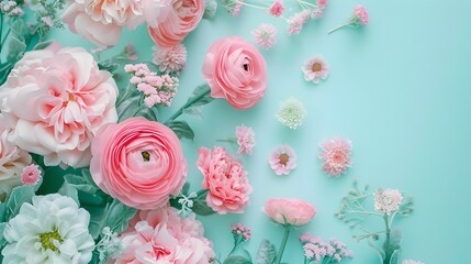 Pastel Floral Arrangement on Mint Background