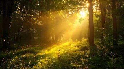 Obraz premium Sunlight Streaming Through Misty Forest Morning