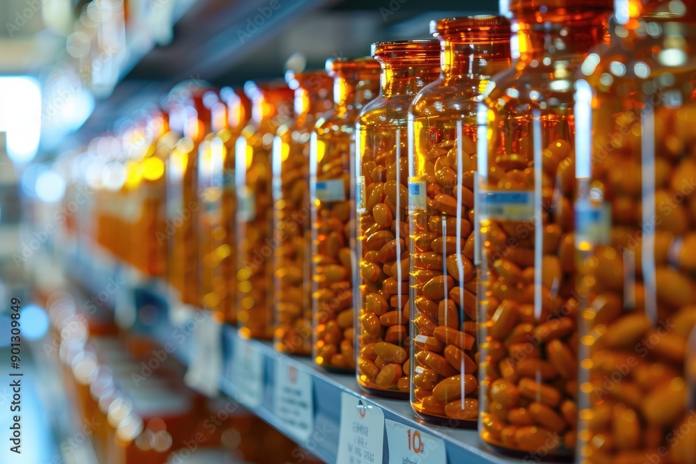 Poster a row of glass bottles filled with orange pills. the bottles are lined up on a shelf. concept of org