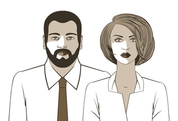 Young couple. Beautiful woman and bearded man in white shirts. Full face and office dress code. Vector illustration