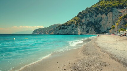 Obraz premium Sunlit beach with azure sea and clear sky, capturing the essence of summer vacation tourism in a stunning photo design.