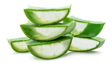 Fresh cuts of aloe vera leaf are arranged in pyramid, macro shot isolated on white background.