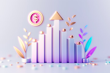 Obraz premium Vibrant and colorful concept of representation of financial growth featuring colorful cylindrical bars and a dollar coin, ideal for finance and investment themes