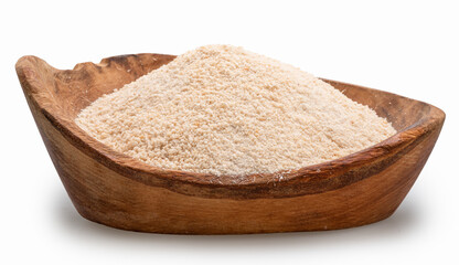 Manioc or cassava flour in wooden bowl on white background. File contains clipping path.