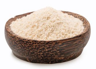 Manioc or cassava flour in wooden bowl on white background. File contains clipping path.
