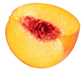 Ripe juicy peach slice isolated, top view. File contains clipping paths.