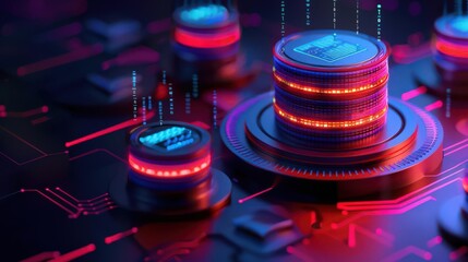 Futuristic digital currency concept with glowing coins and circuit patterns in blue and red tones for technology and finance themes.