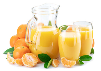 Orange tangerine fruits and fresh tangerine juice isolated on white background.