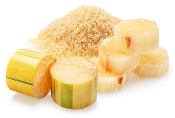 Peeled sugarcane rounds and pile of cane sugar isolated on white background.